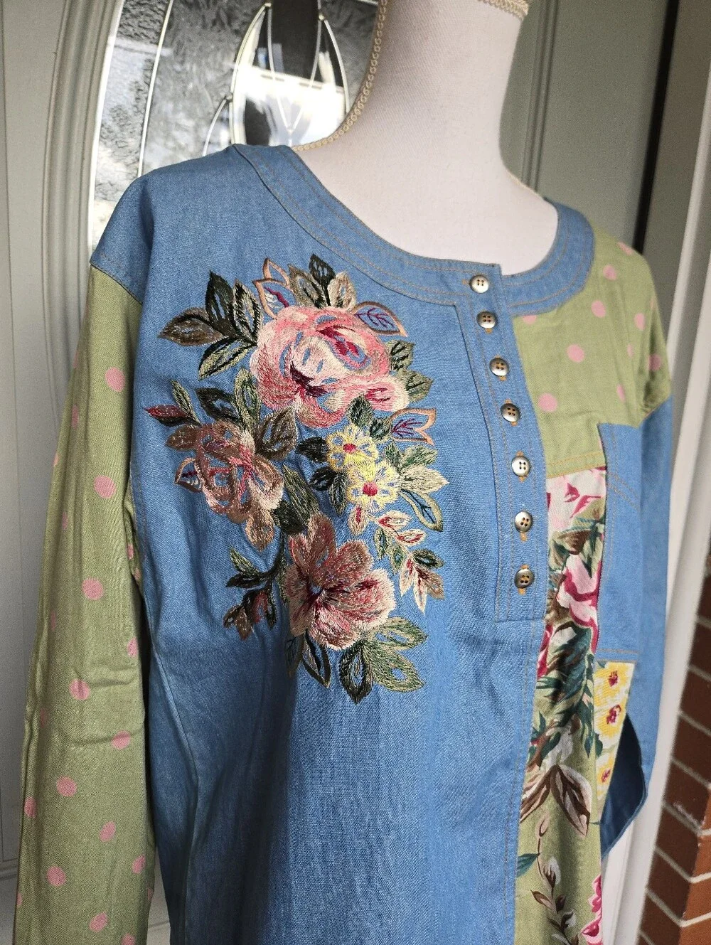 Together! Denim Patchwork Blouse - Picture 3 of 8